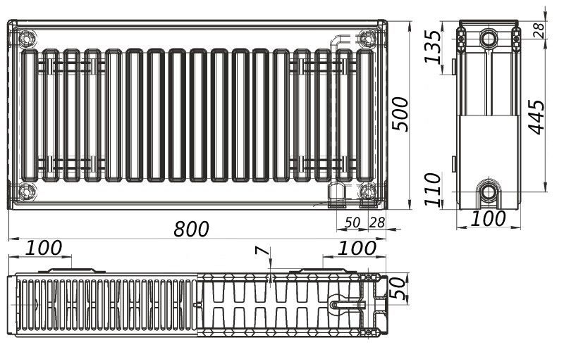 Радіатор сталевий панельний KALITE 22 низ/справа 500x800 (без INNER)