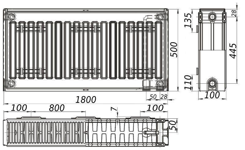 Радіатор сталевий панельний KALITE 22 низ/справа 500х1800 (без INNER)