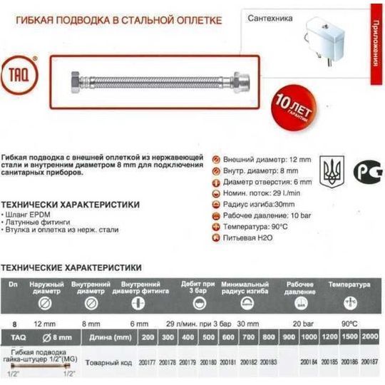 Шланг водяний TUCAI 1/2&Prime;x1/2&Prime; ЗВ 0,2м TAQ MG-1212-200 200177